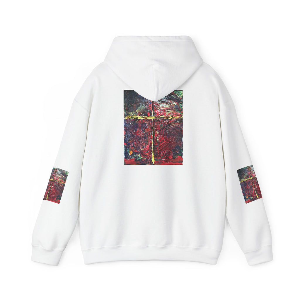 Abstract Red Forest Hoodie — Artistic Nature Print Hooded Sweatshirt