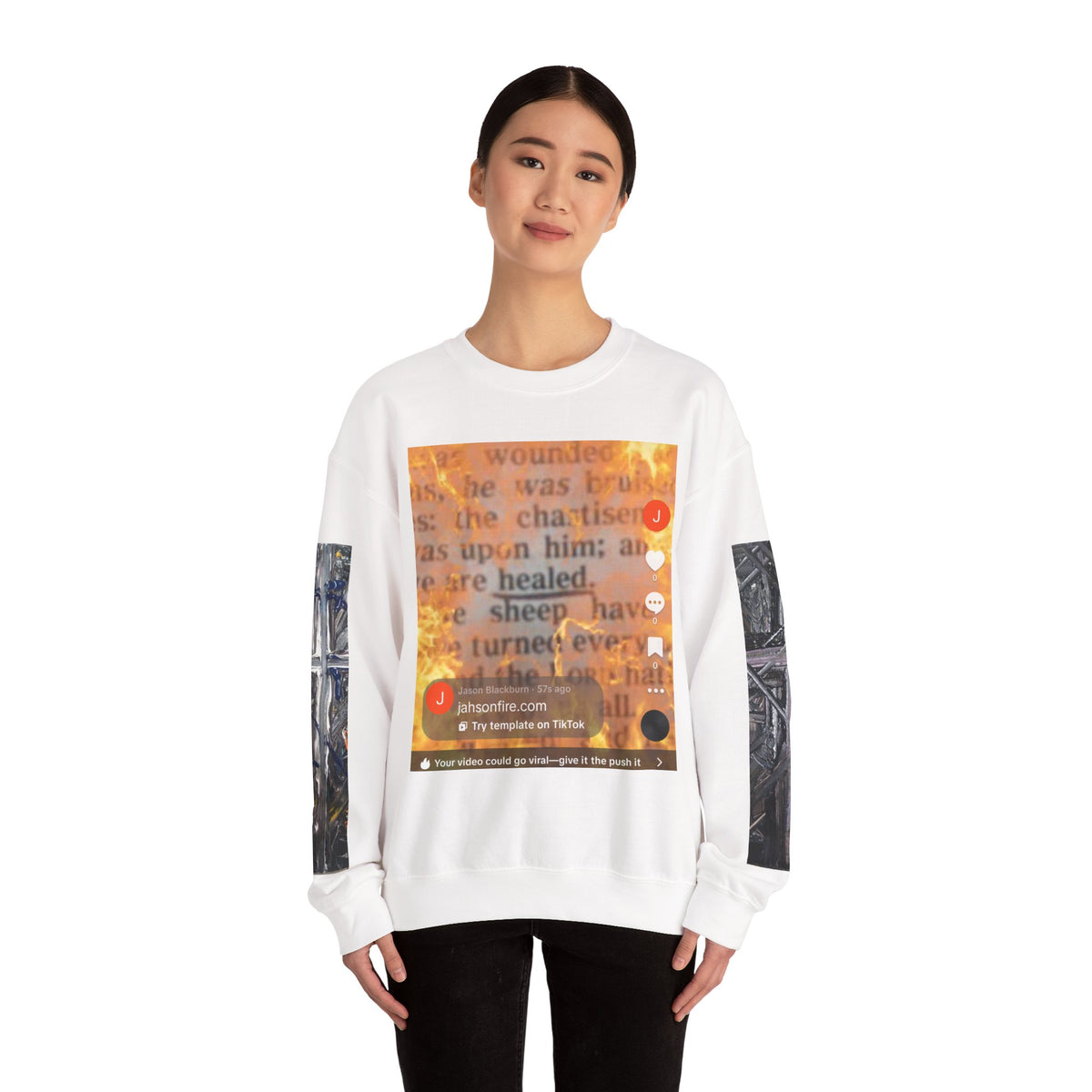 Crewneck Sweatshirt — Vintage Text & Fiery Glass Art Graphic