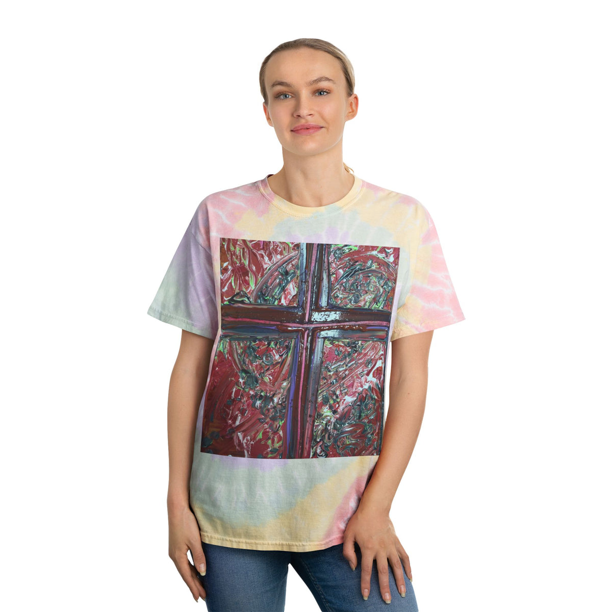 Spiral Tie-Dye Tee with Abstract Cross Art — Pastel Retro Graphic T-Shirt
