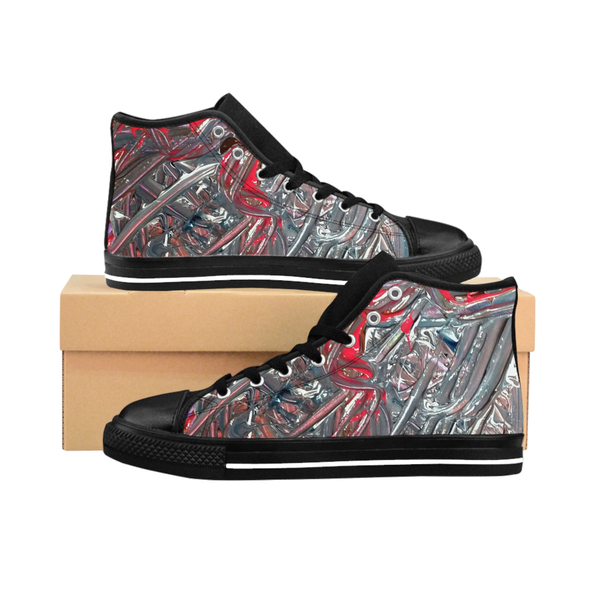 High-Top Sneakers — Red & Silver Abstract Graffiti Design