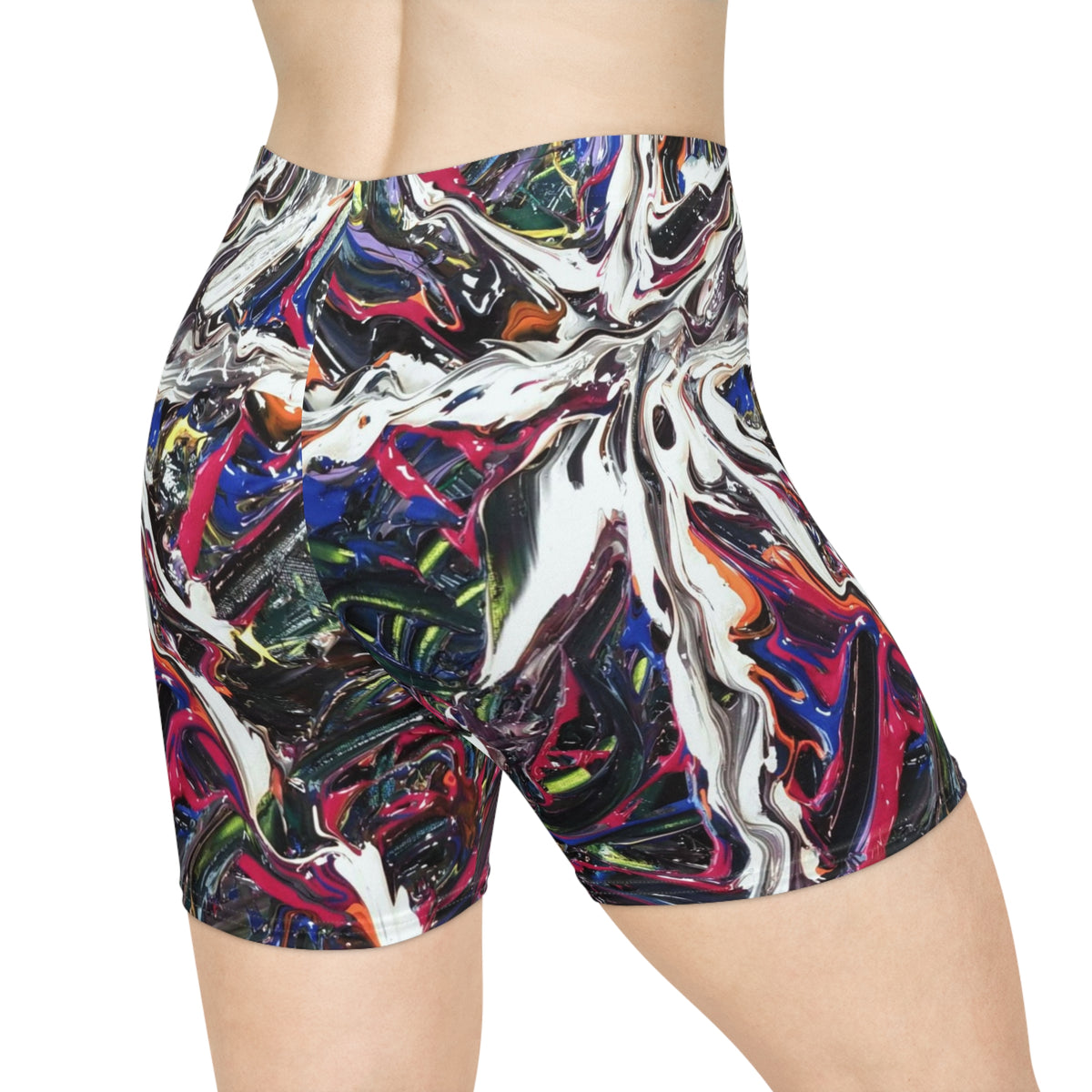 Abstract Paint Swirl Biker Shorts — Colorful Marble All-Over Print