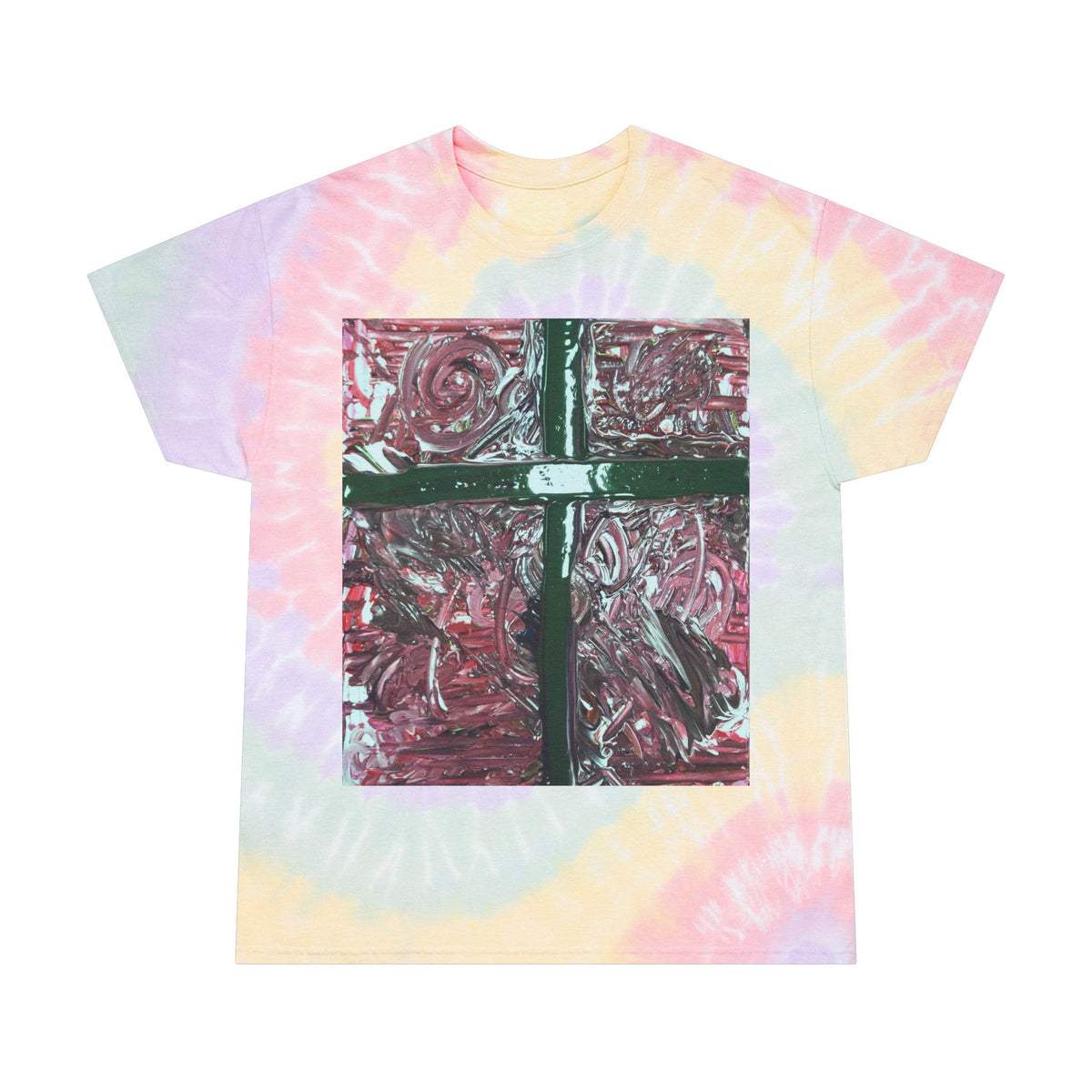 Pastel Spiral Tie-Dye Tee with Abstract Cross Art — Retro Boho Graphic T-Shirt