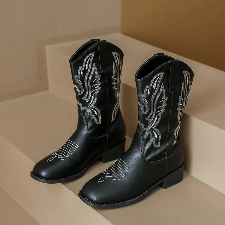 Women's Embroidered V Cut Cowboy Boots - Retro Style JahSonFire