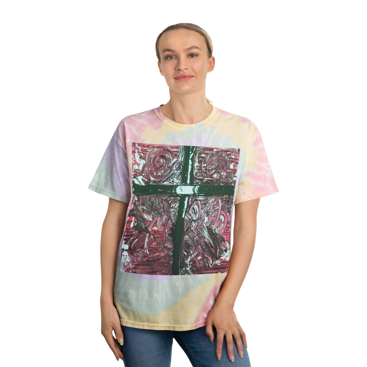 Pastel Spiral Tie-Dye Tee with Abstract Cross Art — Retro Boho Graphic T-Shirt