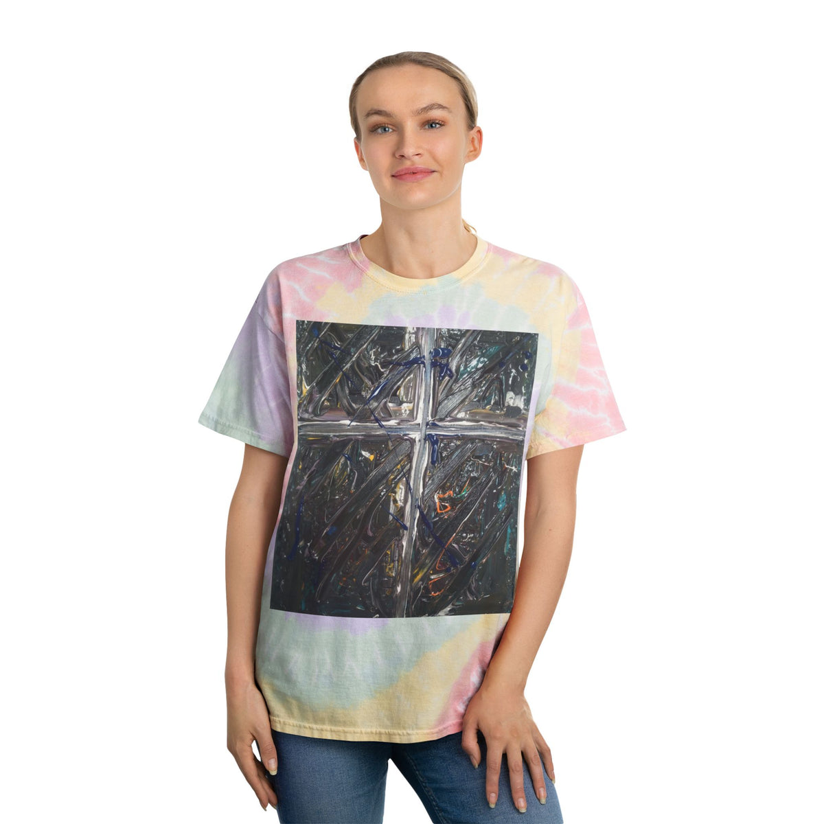Pastel Spiral Tie-Dye T-Shirt with Abstract Window Art