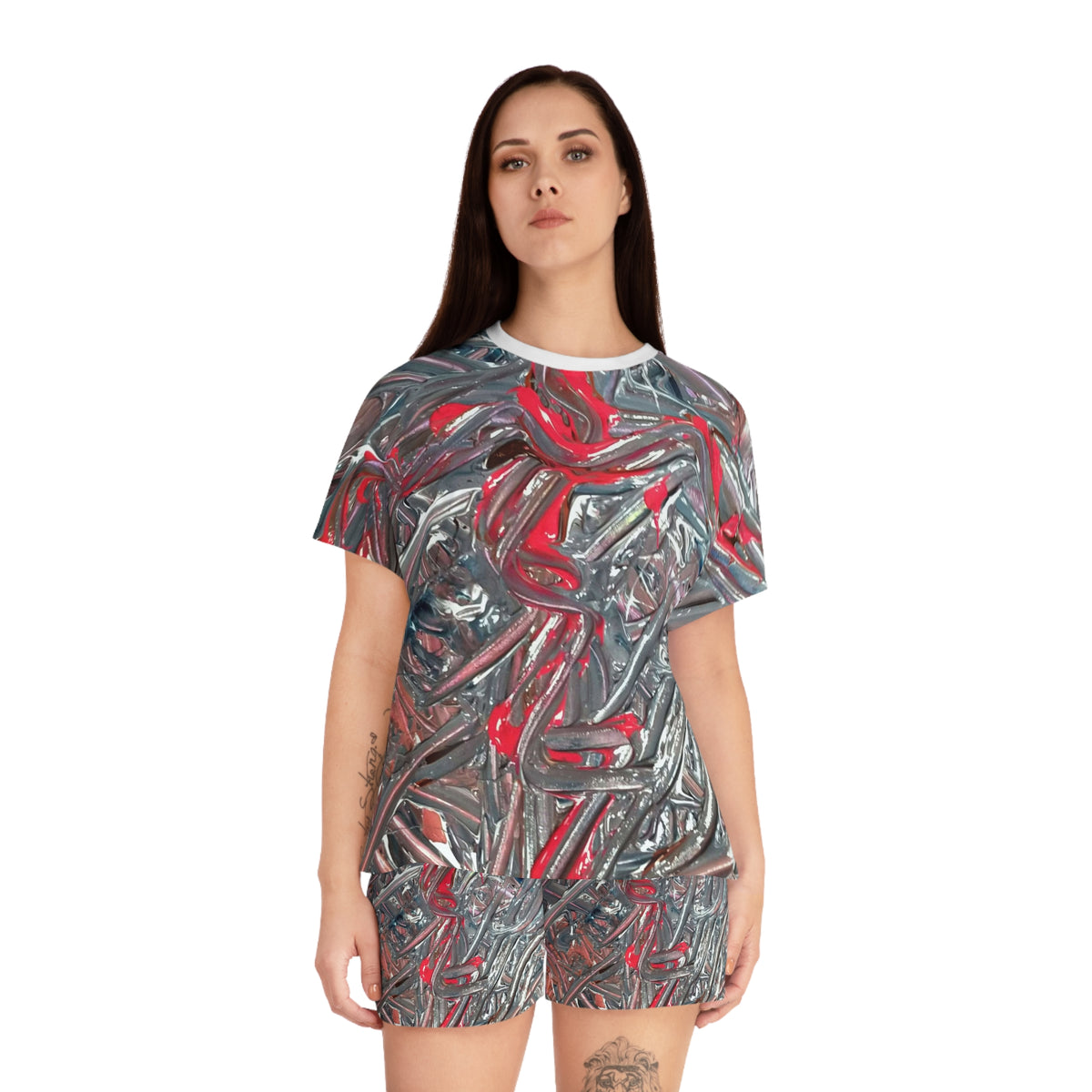 Short Pajama Set — Abstract Metallic Red & Silver All-Over Print