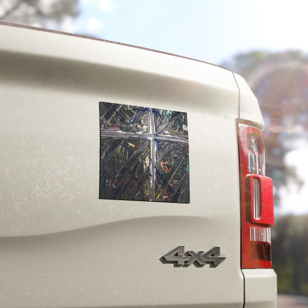 Abstract Cross Art Car Magnet — Dark Industrial Window Pane Design