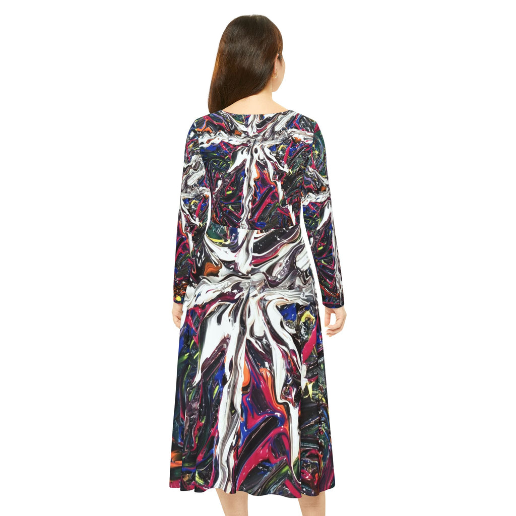 Abstract Swirl Long-Sleeve Dance Dress – Vibrant All-Over Print