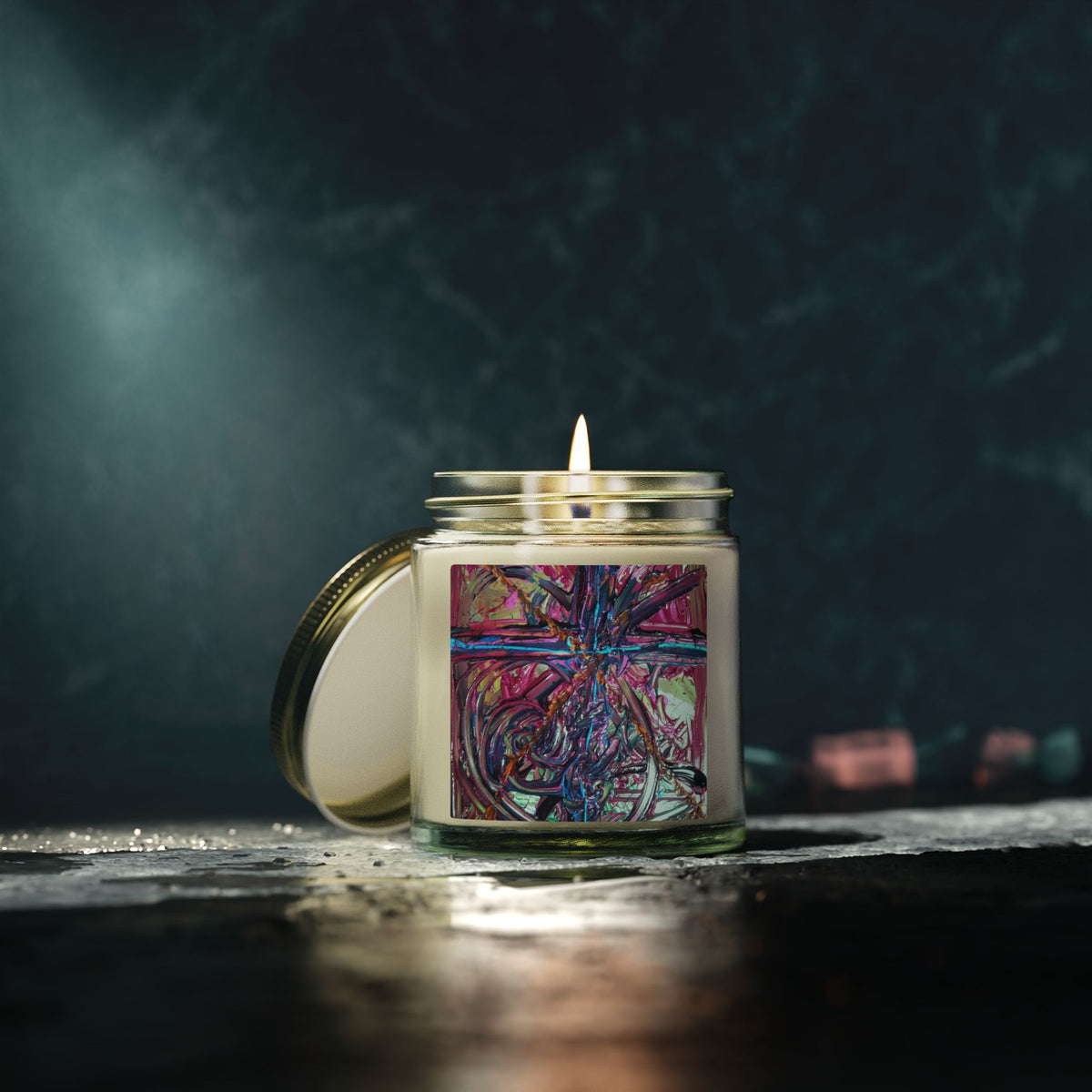Coconut Apricot Scented Candle (4oz/9oz) — Tropical Floral Soy Blend Jar with Abstract Art Label