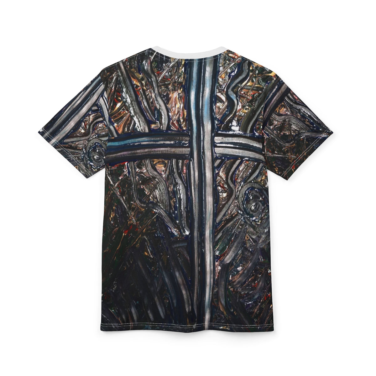 Cross-Fusion Graphic Tee — Abstract Metallic Cross All-Over Print