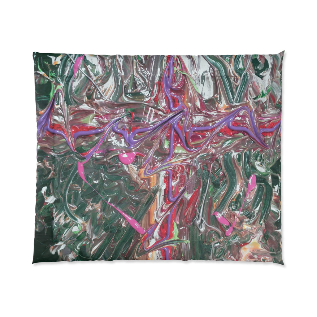 Abstract Swirl Comforter — Moody Green & Pink Bedspread, Modern Artistic Comforter