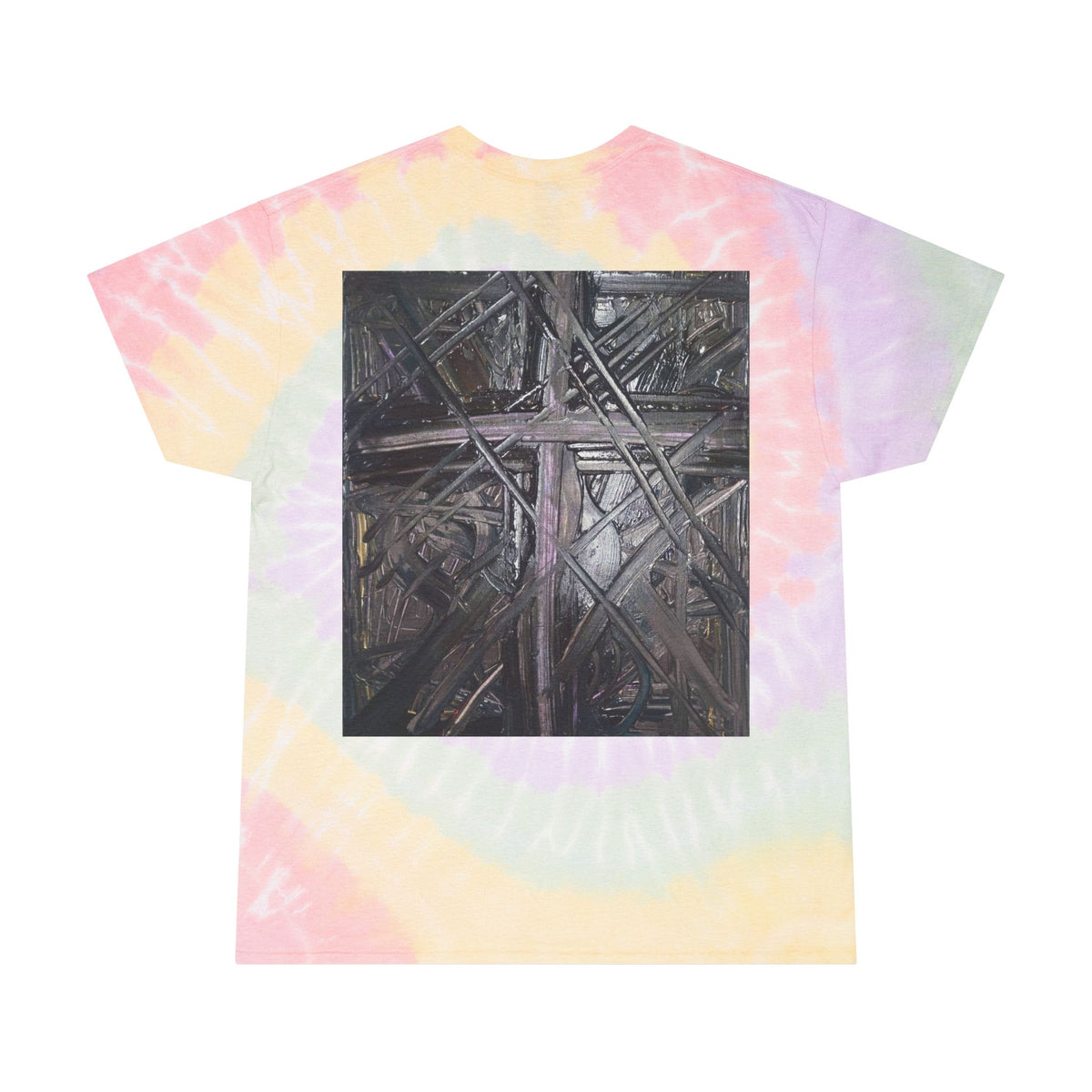 Pastel Spiral Tie-Dye Tee with Abstract Black Cross Artwork