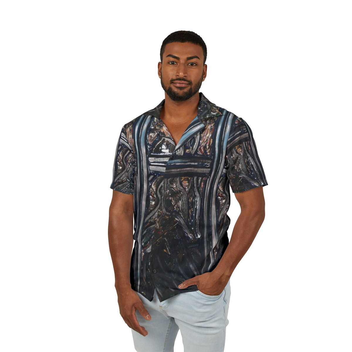 Men's Dark Abstract Hawaiian Camp Shirt — Black Metallic Pattern AOP