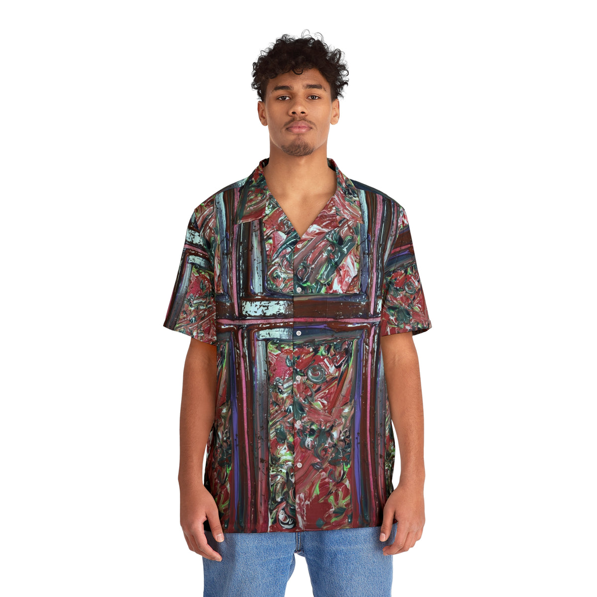 Hawaiian Shirt — Abstract Red Cross Pattern Floral AOP