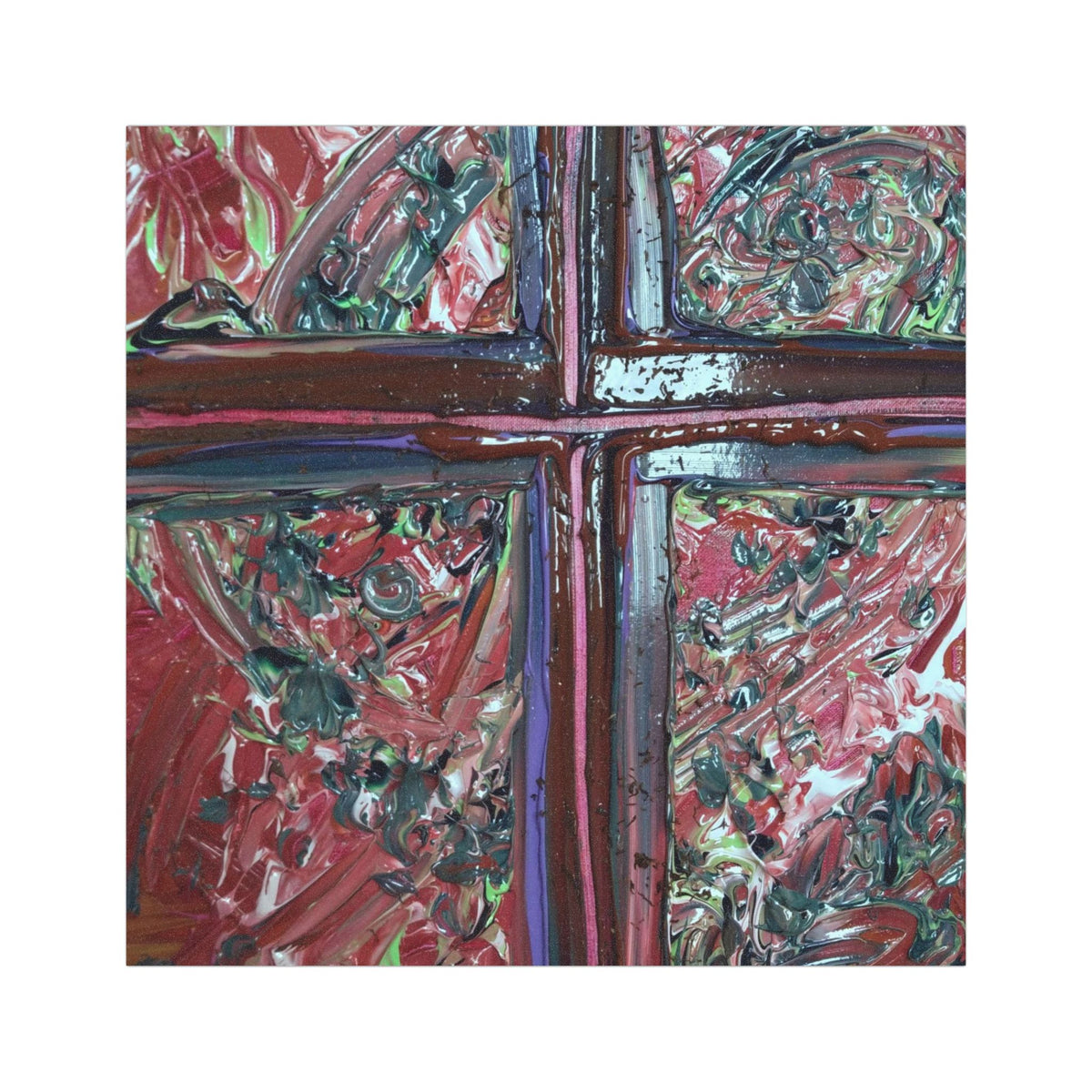 Abstract Cross Window Car Magnet — Colorful Red & Teal Textured Art