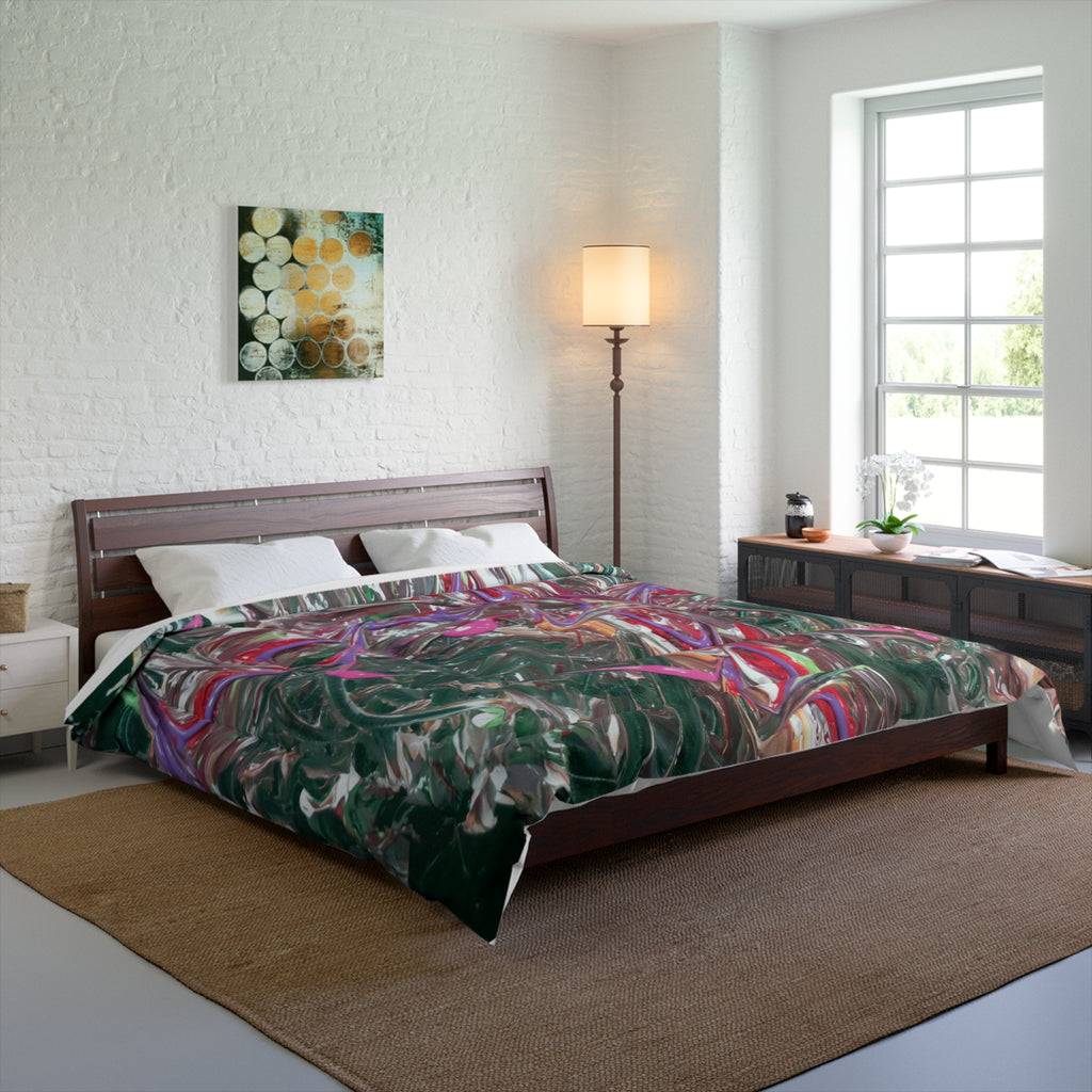 Abstract Swirl Comforter — Moody Green & Pink Bedspread, Modern Artistic Comforter