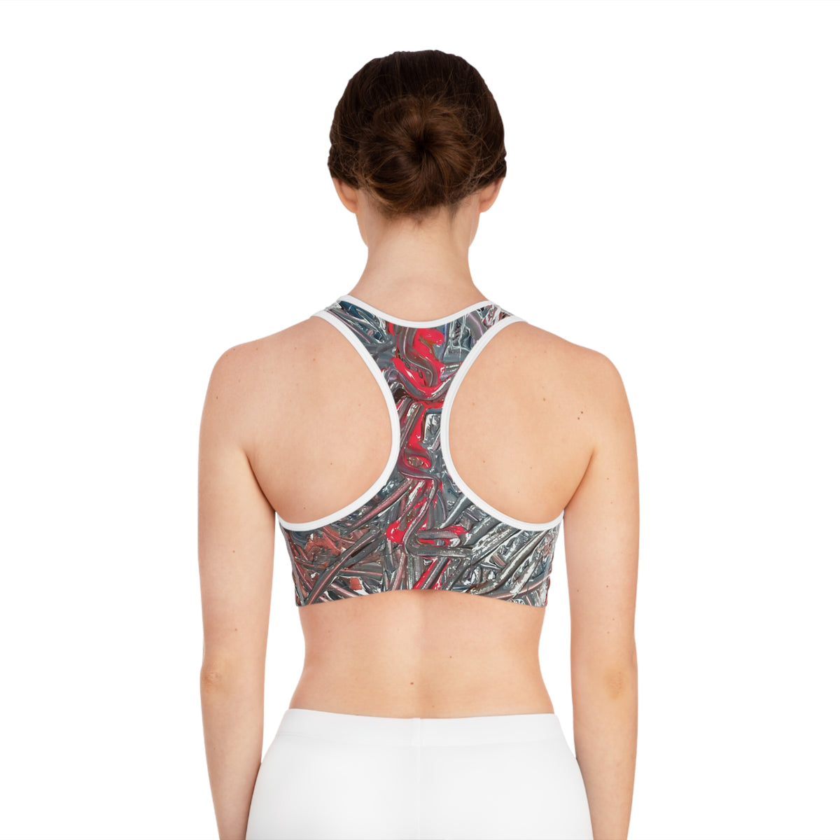 Abstract Red & Silver Athletic Sports Bra – All-Over Print
