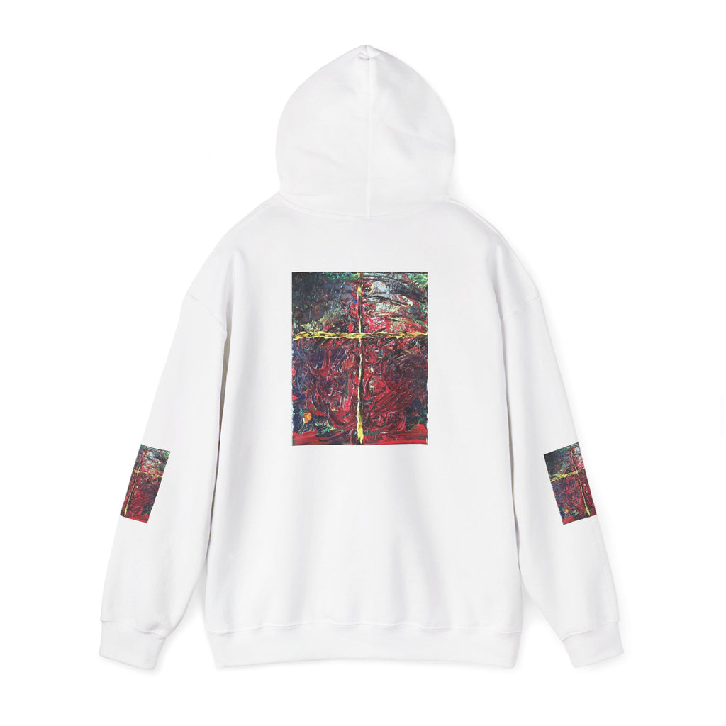 Abstract Red Forest Hoodie — Artistic Nature Print Hooded Sweatshirt