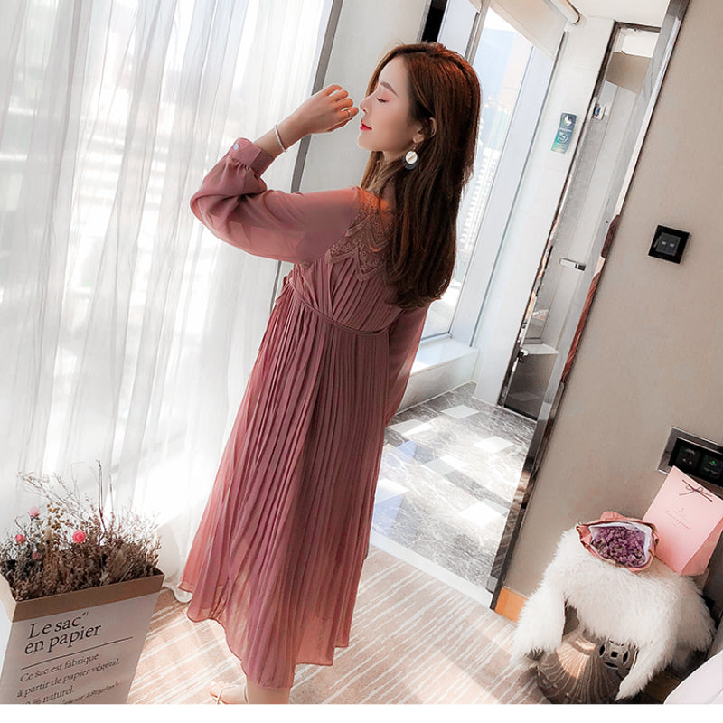 Long Sleeve Pleated Chiffon Maternity Dresses