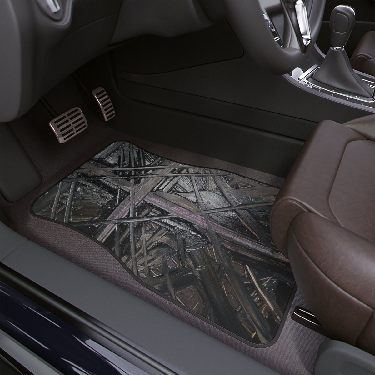 Abstract Industrial Car Floor Mat — Dark Metal Crosshatch Design