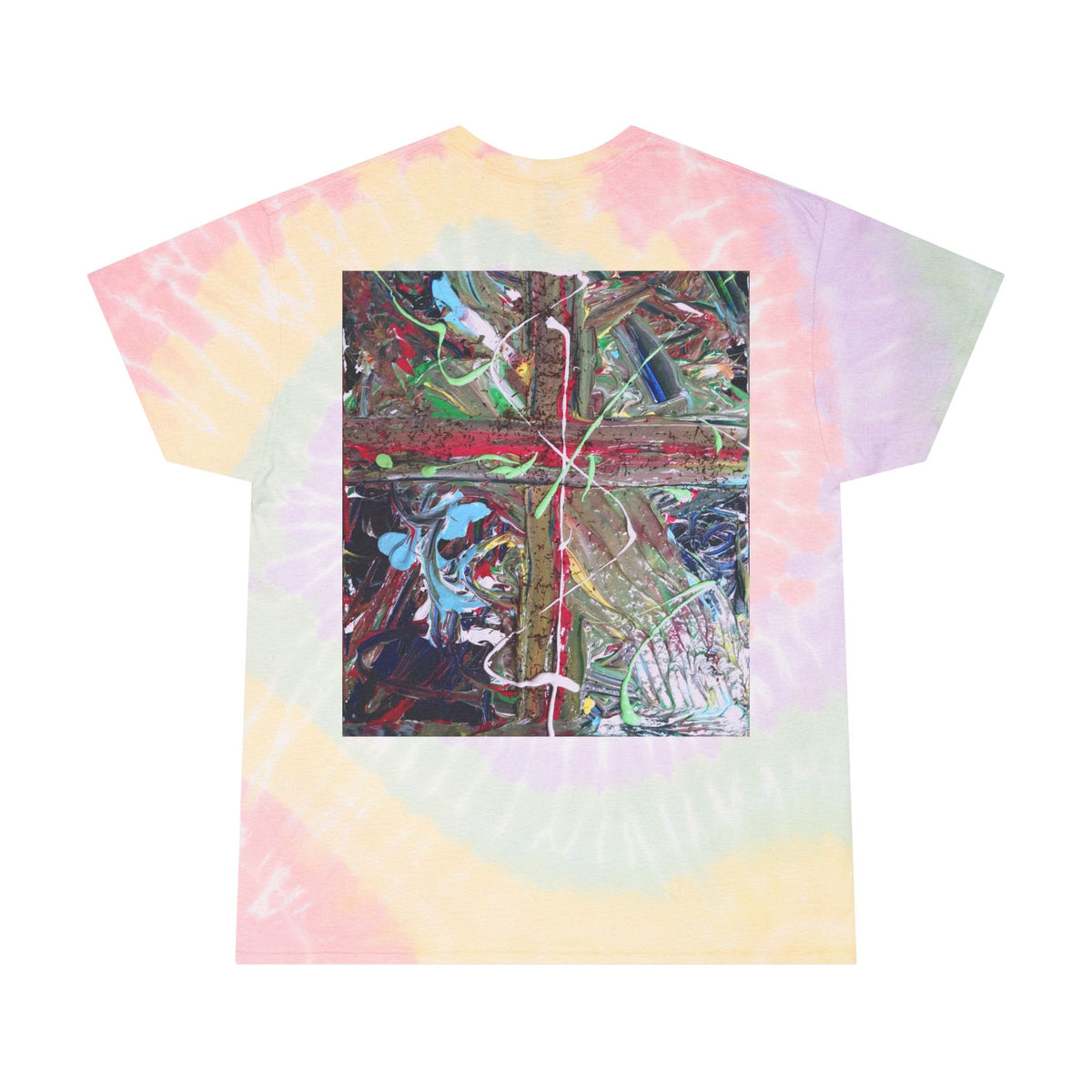 Tie-Dye Spiral T-Shirt with Abstract Paint Square