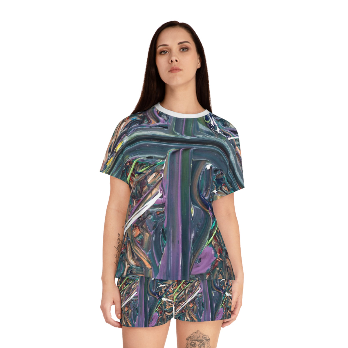 Women's Short Pajama Set — Abstract Oil Paint Swirl Print