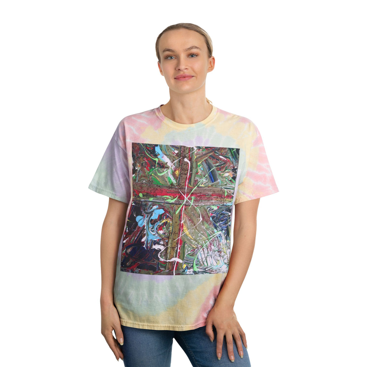 Tie-Dye Spiral T-Shirt with Abstract Paint Square