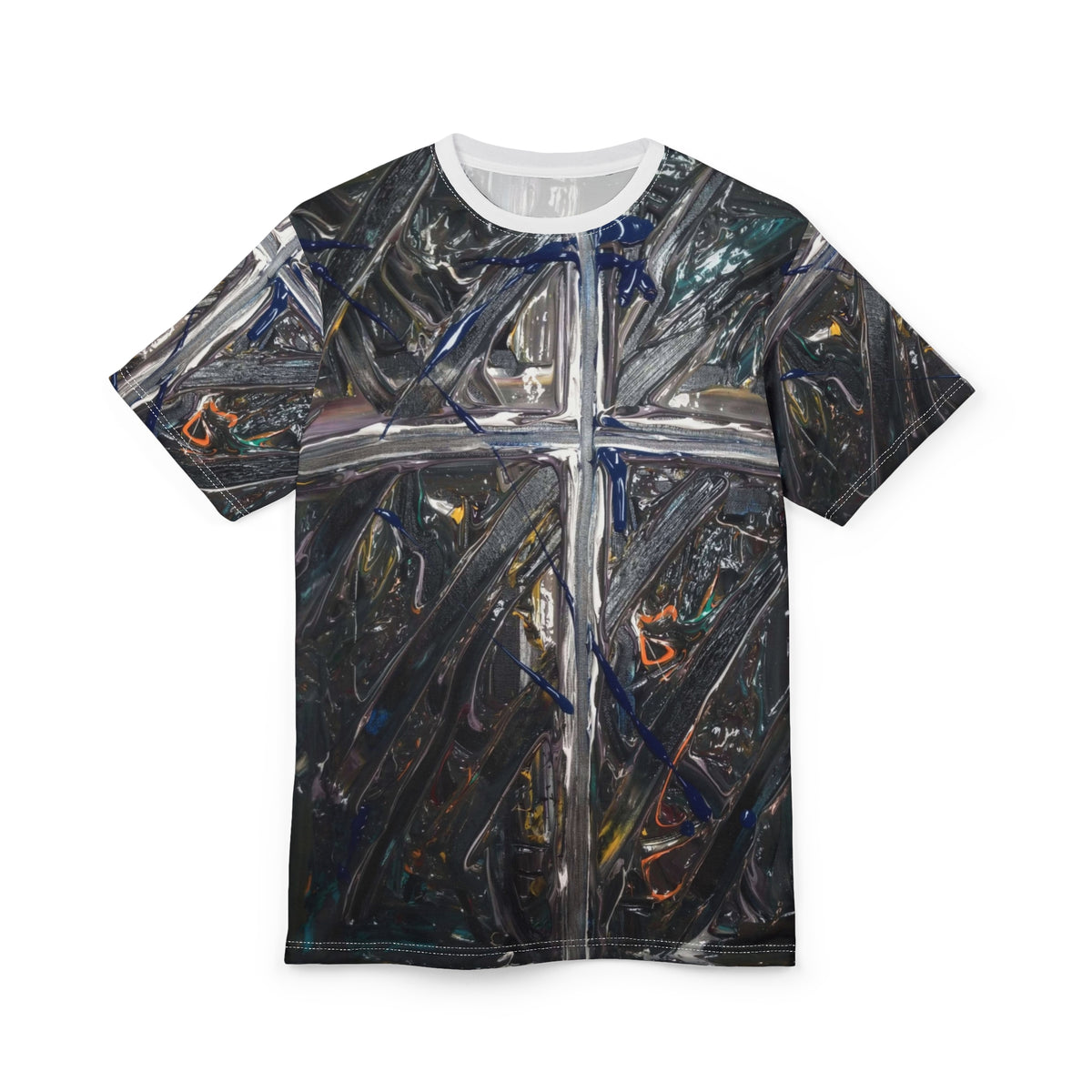 Abstract Cross Graphic Tee — Dark Metallic Brushstroke Design
