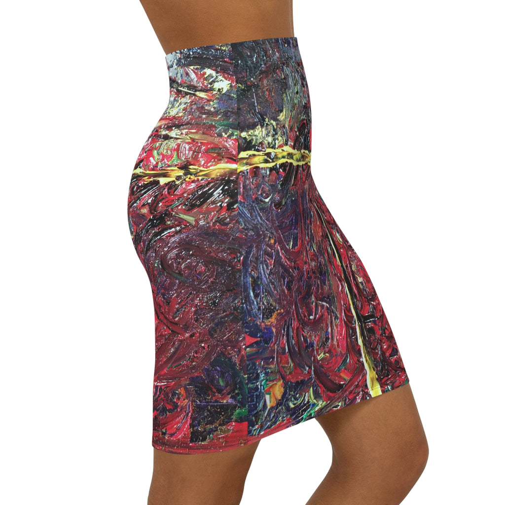 Abstract Red Swirl Pencil Skirt — Artistic Mid‑Waist Bodycon Print