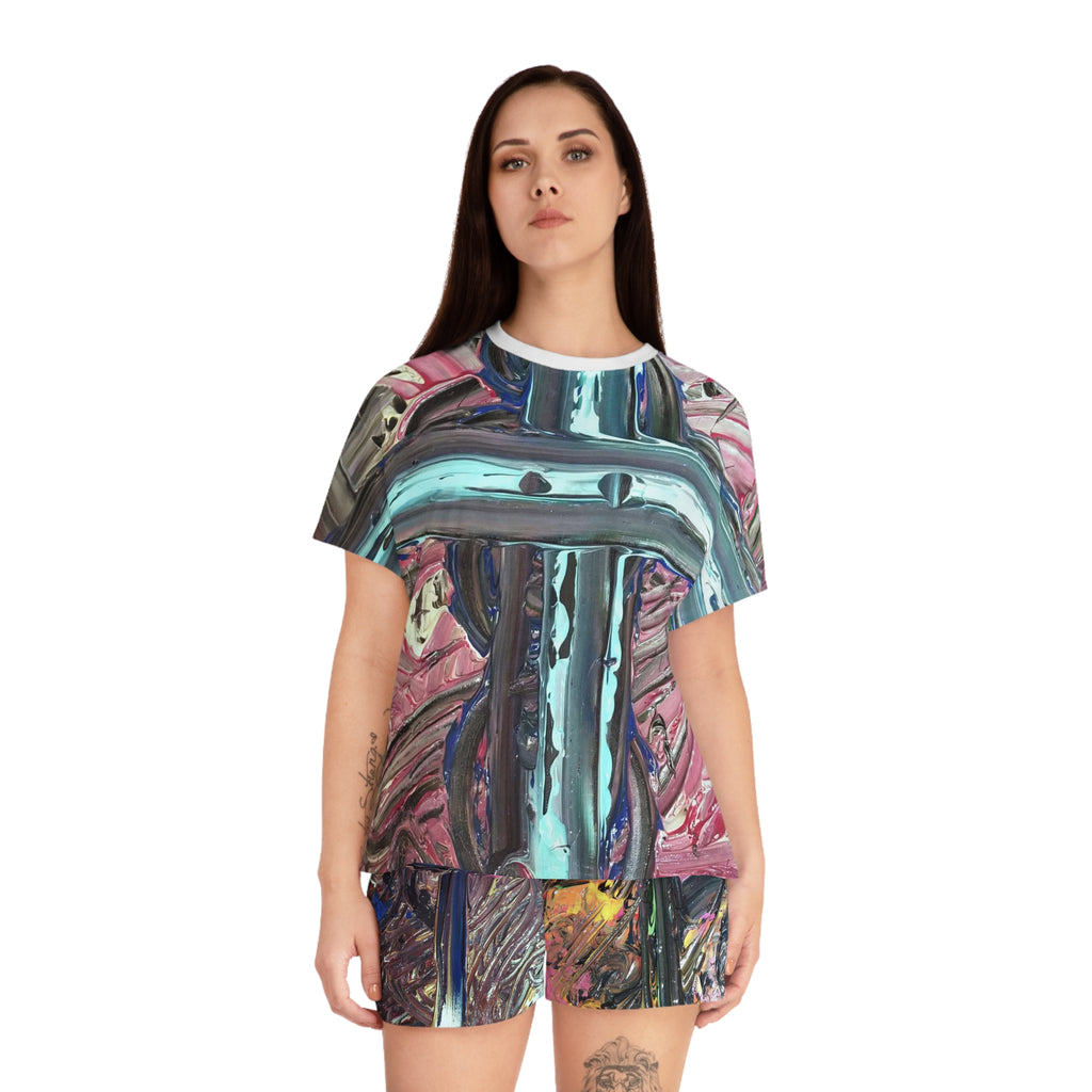 Abstract Cross Brushstroke Women's Pajama Set — Short Sleep Top & Shorts