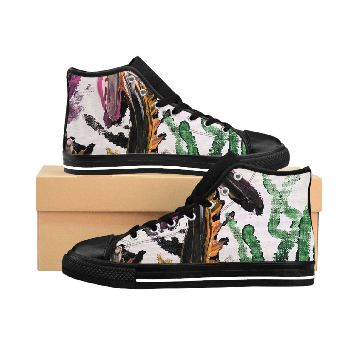 Abstract Watercolor Cactus High-Top Sneakers — Women's Artistic Desert Print