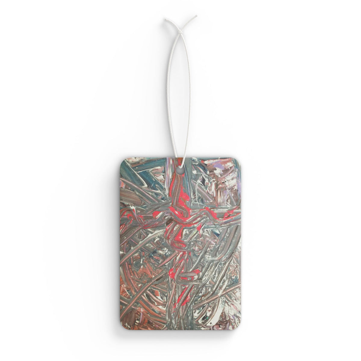 Abstract Metallic Swirls Car Air Freshener — Artistic Red & Silver Scented Hanging Tag
