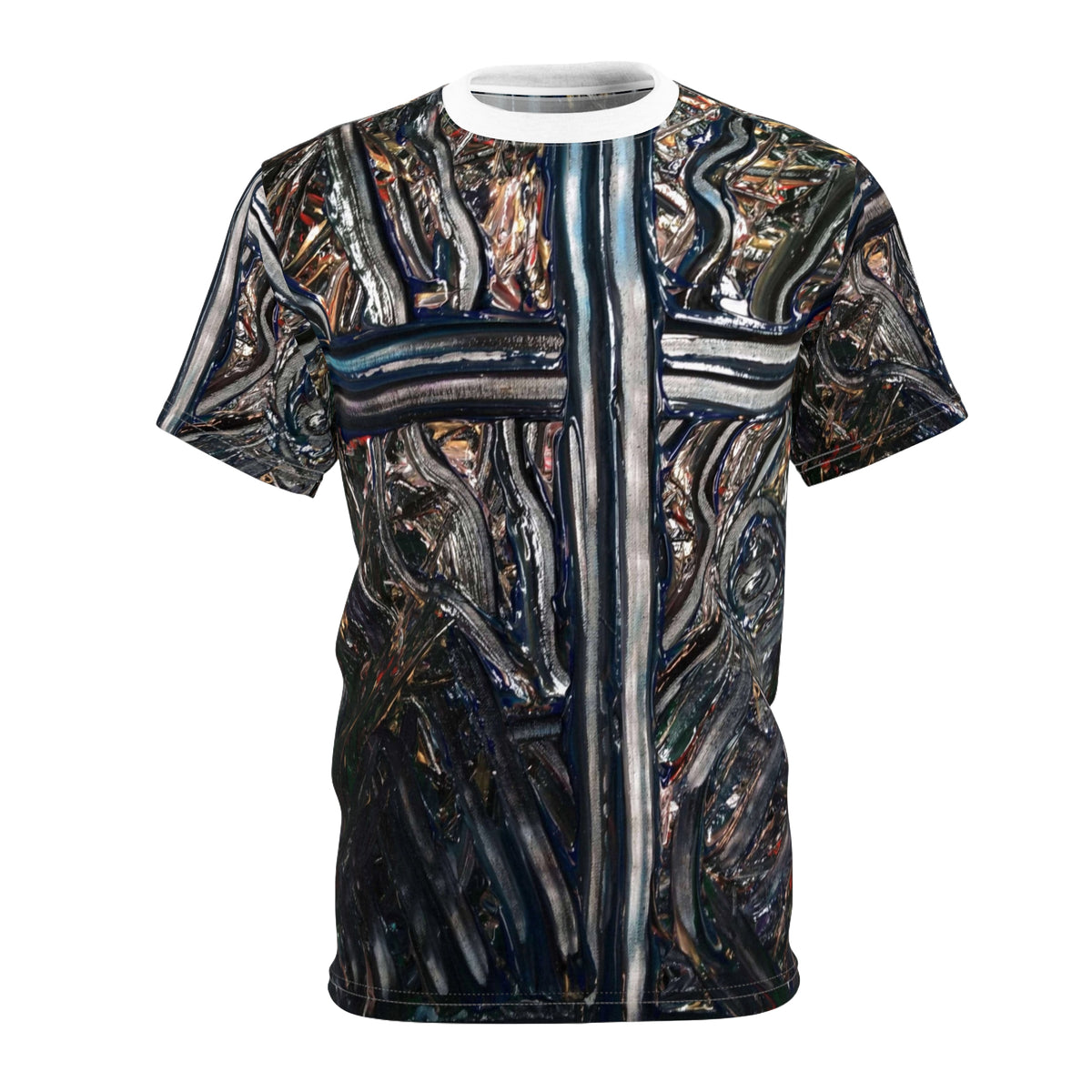 Cross-Fusion Graphic Tee — Abstract Metallic Cross All-Over Print