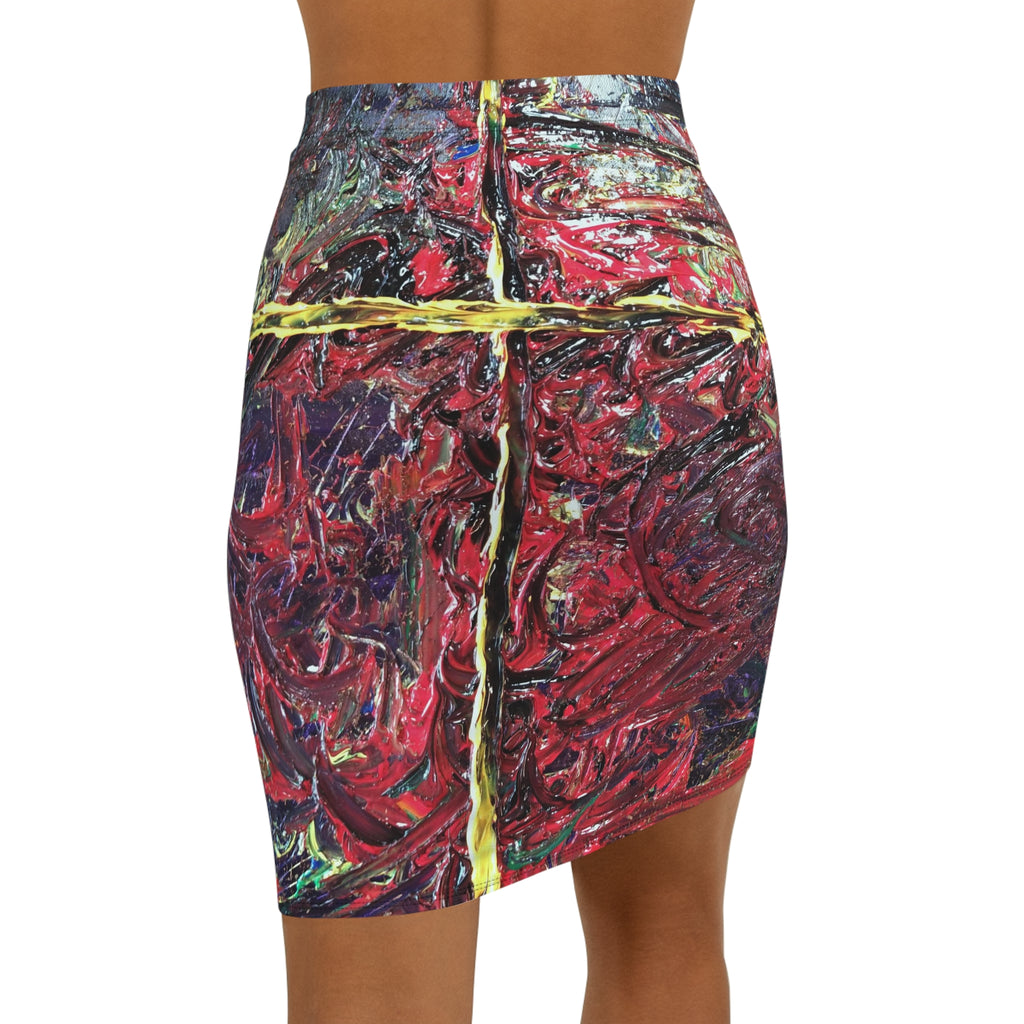 Abstract Red Swirl Pencil Skirt — Artistic Mid‑Waist Bodycon Print