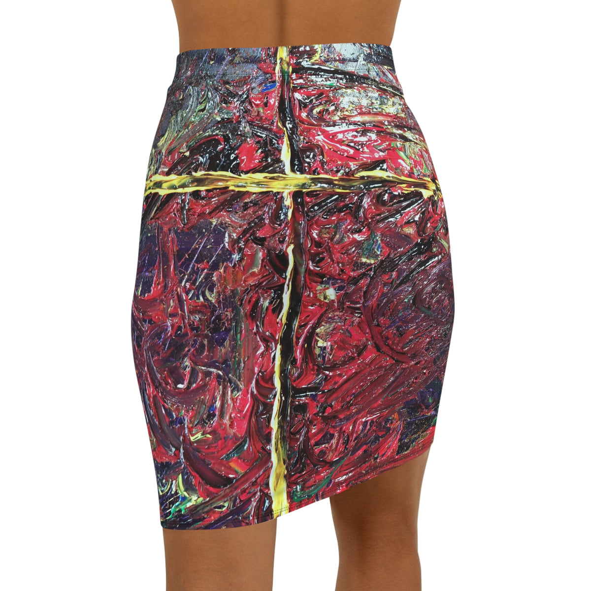 Abstract Red Swirl Pencil Skirt — Artistic Mid‑Waist Bodycon Print