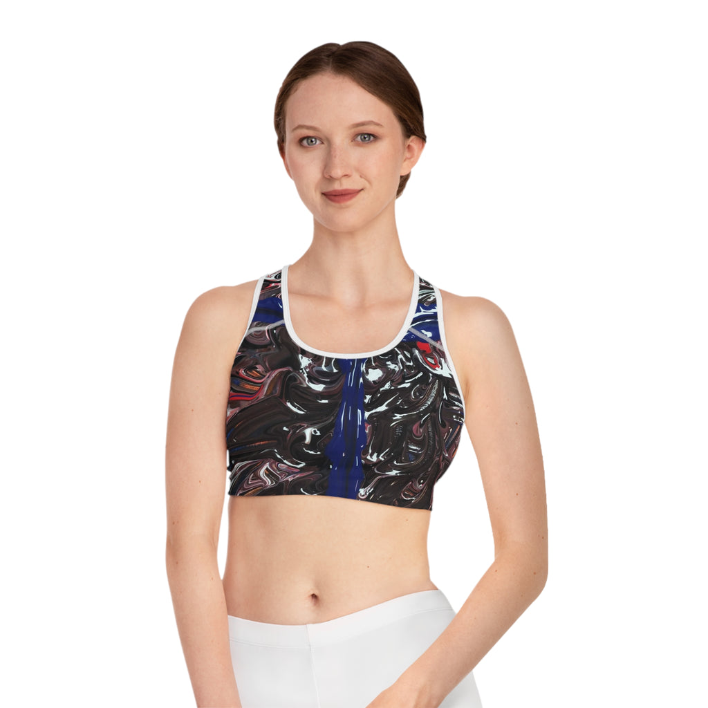 Abstract Swirl Sports Bra — Bold Red & Blue All-Over Print