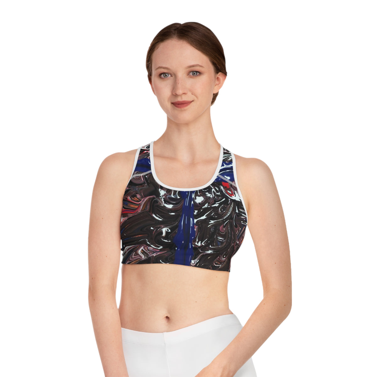 Abstract Swirl Sports Bra — Bold Red & Blue All-Over Print