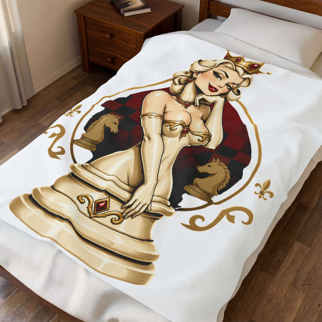 Velveteen Plush Blanket – Vintage Queen Chess Pin-Up Design