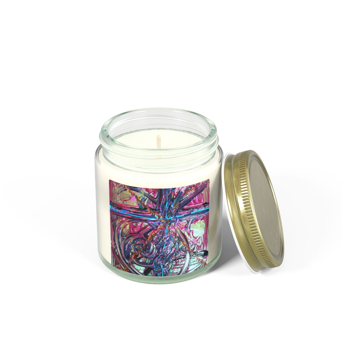 Coconut Apricot Scented Candle (4oz/9oz) — Tropical Floral Soy Blend Jar with Abstract Art Label