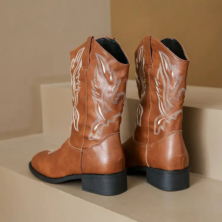 Women's Embroidered V Cut Cowboy Boots - Retro Style JahSonFire