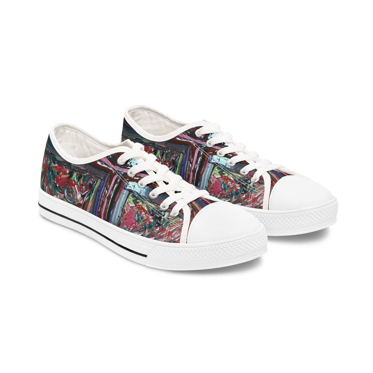 Low Top Sneakers — Abstract Floral Graffiti Print, Colorful Artistic Canvas Shoes for Women