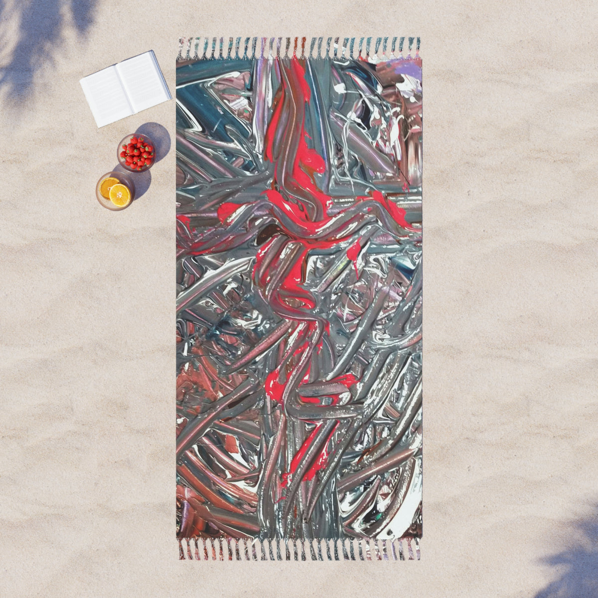 Boho Beach Towel — Abstract Red & Gray Textured Fringe Beach Cloth