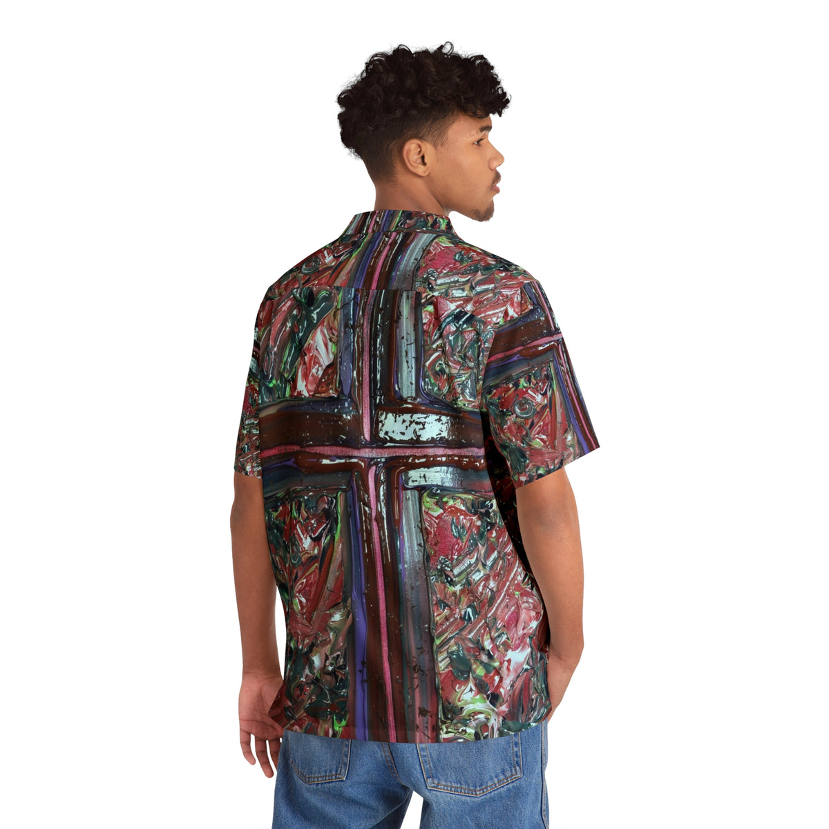 Hawaiian Shirt — Abstract Red Cross Pattern Floral AOP