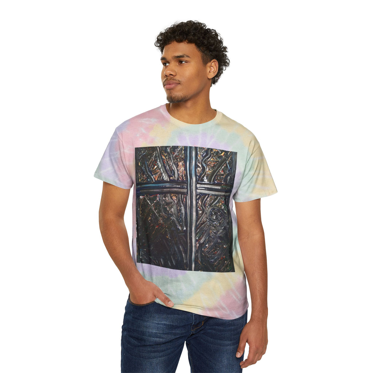 Tie-Dye Spiral Tee with Dark Cross Graphic — Pastel Retro Festival Shirt
