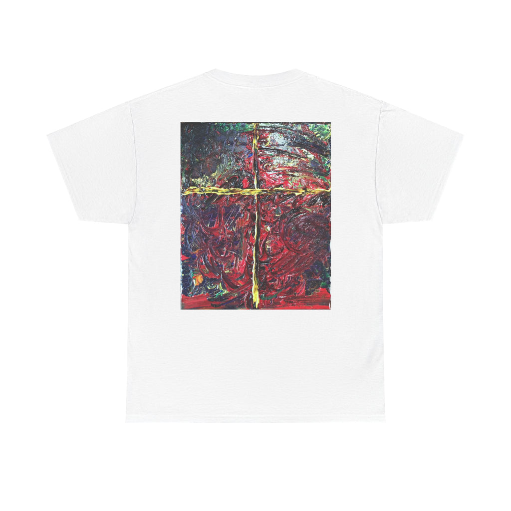 Abstract Cross Painting T-Shirt — Bold Red & Gold Art Tee