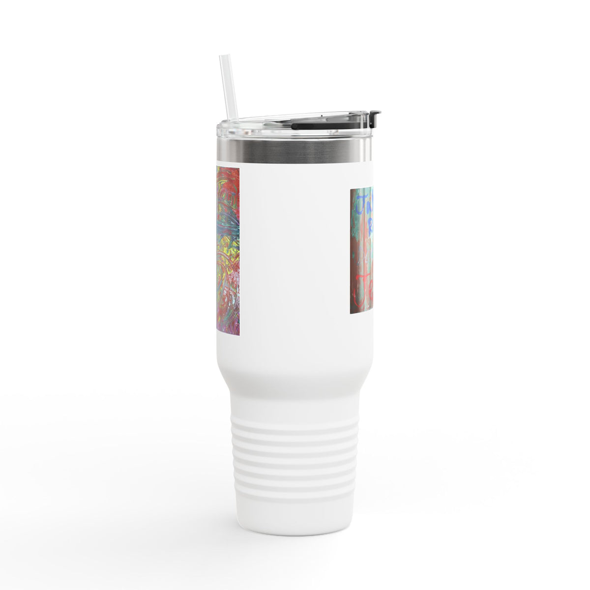 40oz Insulated Travel Mug – Colorful Faith Artwork with 'Jesus' Design