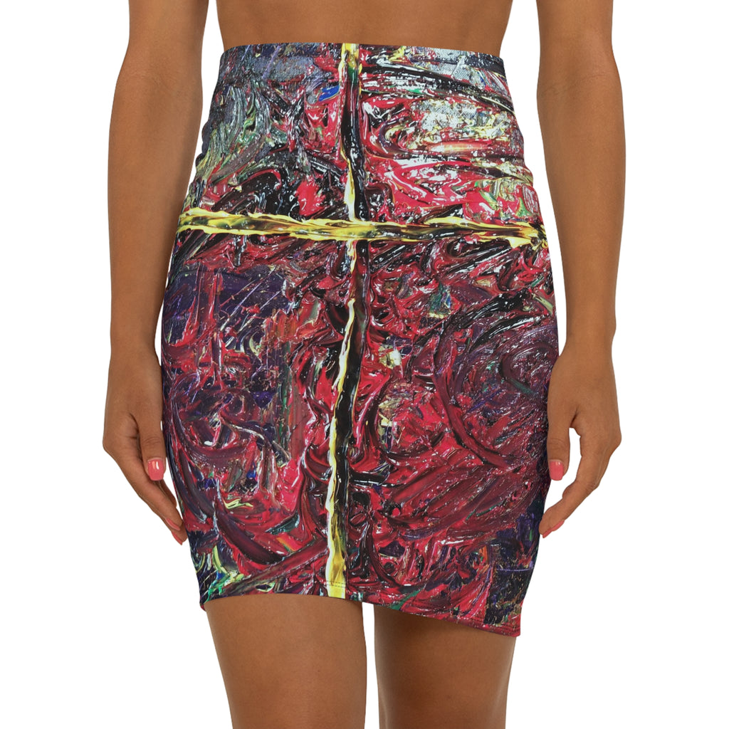 Abstract Red Swirl Pencil Skirt — Artistic Mid‑Waist Bodycon Print