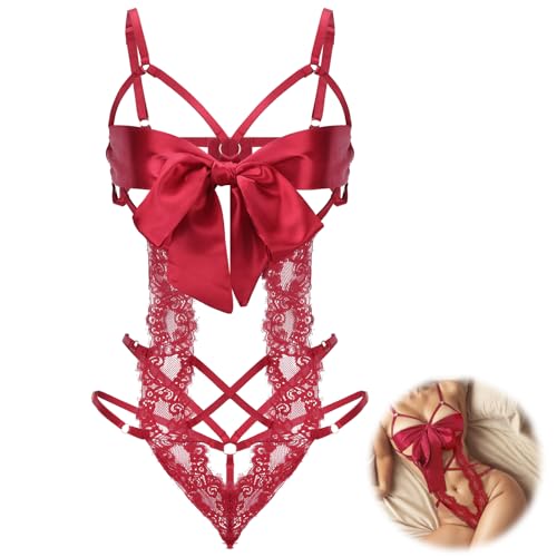 Telooco Women Sexy Lingerie Set Unwrap Me Bow Tie Lingerie with Lace Smooth Ribbon Lingerie for Ladies Valentines Outfit Sexy Birthday Lingerie for Him(Red) JahSonFire