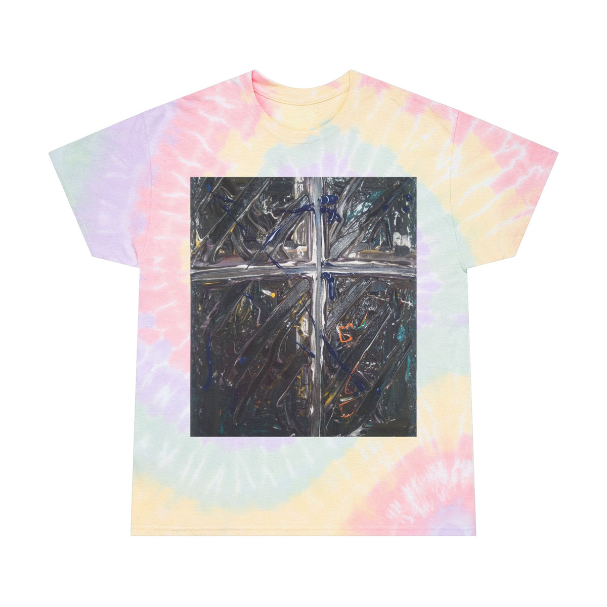Pastel Spiral Tie-Dye T-Shirt with Abstract Window Art