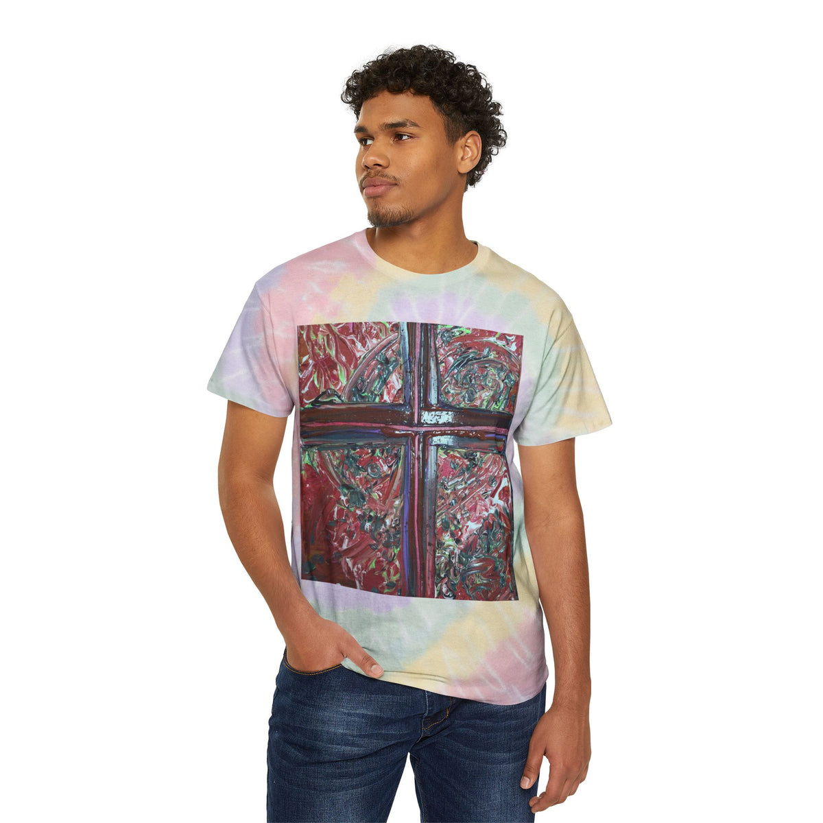Spiral Tie-Dye Tee with Abstract Cross Art — Pastel Retro Graphic T-Shirt